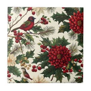 Carreau Rustic Bird et Poinsettia Motif de Noël (10)
