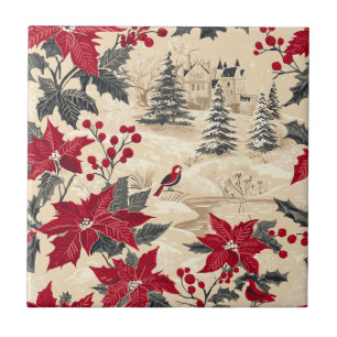 Carreau Rustic Bird et Poinsettia Motif de Noël (12)