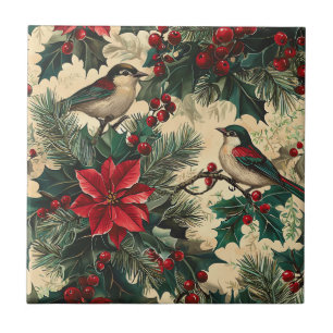 Carreau Rustic Bird et Poinsettia Motif de Noël (13)