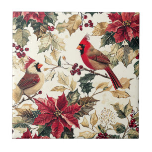 Carreau Rustic Bird et Poinsettia Motif de Noël (15)