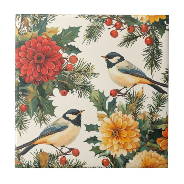 Carreau Rustic Bird et Poinsettia Motif de Noël (9) (Devant)