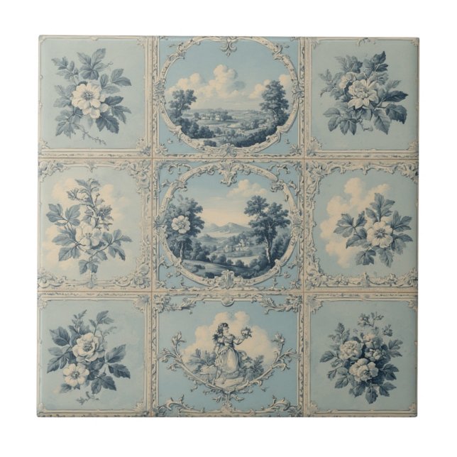 Carreau Rustic Country Floral Motif Distressed Mute Tones (Devant)