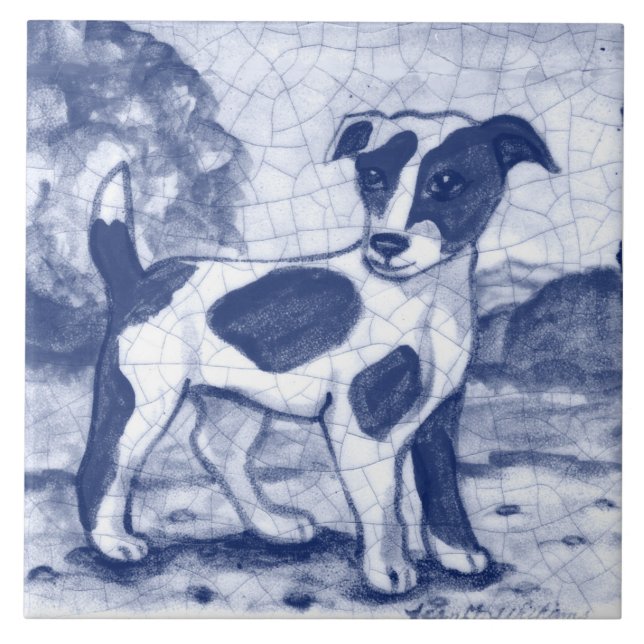 Carreau Rustique Jack Russell Terrier Chien Blue Delft Ded (Devant)