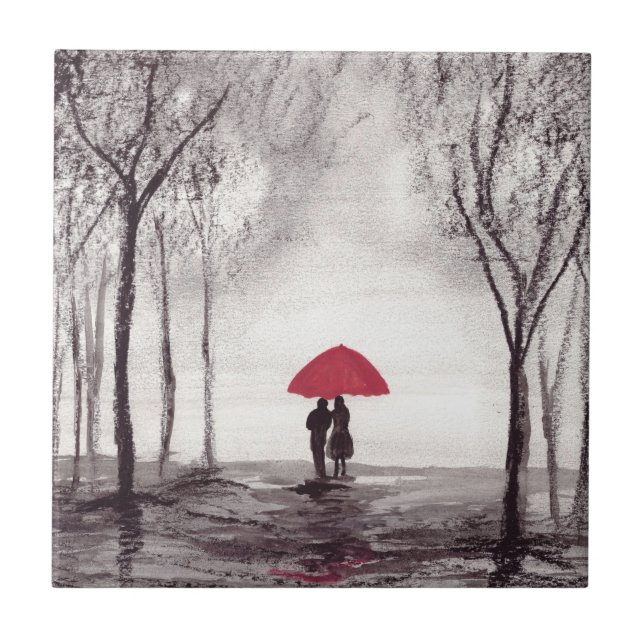 Carreau Rustique Rouge parapluie amour couple céramique ca (Devant)