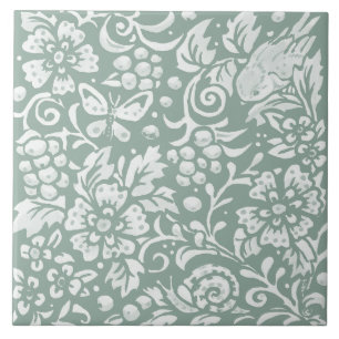 Carreau Sage Green Bird Butterfly Snail Floral