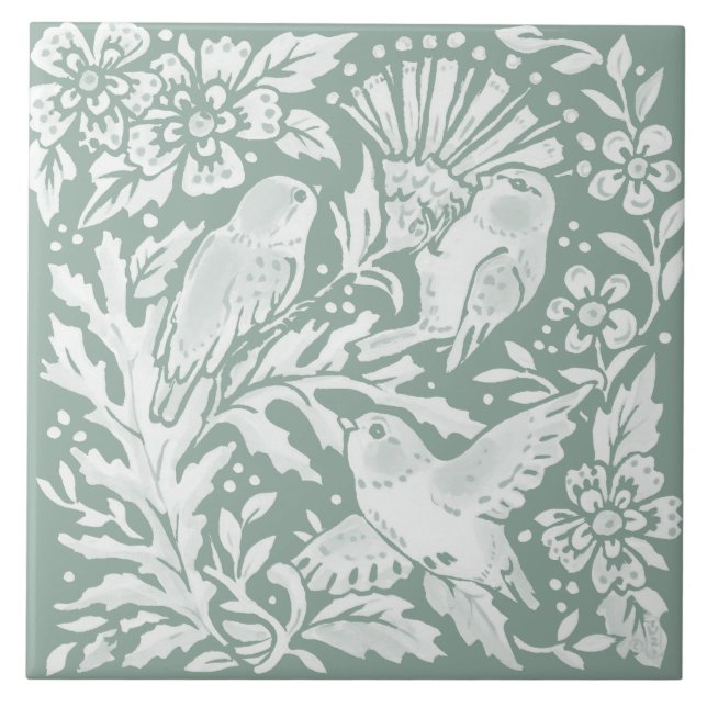 Carreau Sage Green Birds Chardon Nature Scène Carrelage cé (Devant)