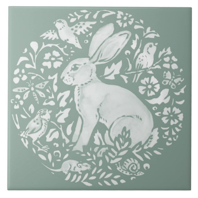 Carreau Sage Green Rabbit Lièvre Forêt Créatures Cercle (Devant)