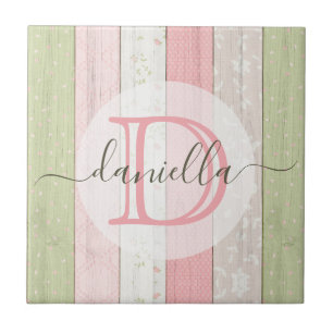 Carreau Sage rustique Vert & Rose Floral Bois Personnalisé