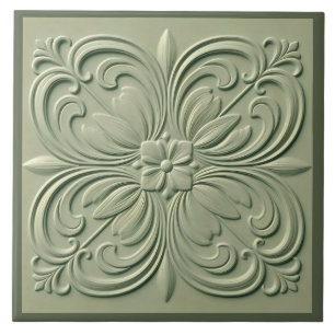 Carreau Sage Vert Floral Faux Relief Décor