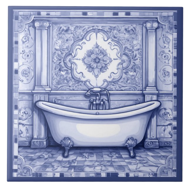 Carreau Salle de bain carrelée bleu foncé et blanche (Devant)