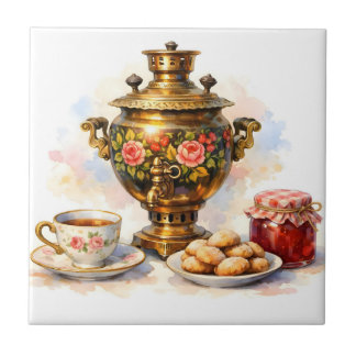 Carreau Samovar russe aquarelle avec biscuits et confiture