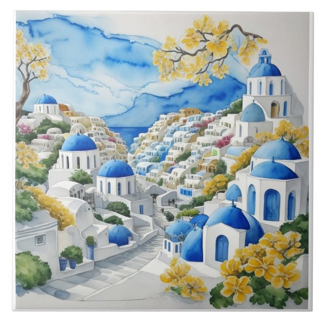 Carreau Santorin Aquarelle Maisons grecques & Fleurs jaune (Devant)