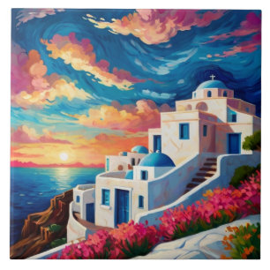 Carreau Santorin coucher de soleil, Grèce - Fleurs roses c