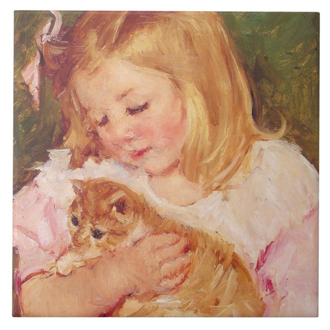 Carreau Sara Holding a Cat (par Mary Cassatt) (Devant)