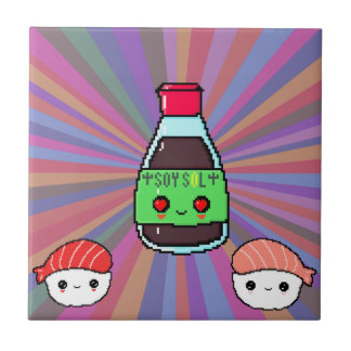 Carreau Sauce soja et sushi kawaii pixel art arc-en-ciel