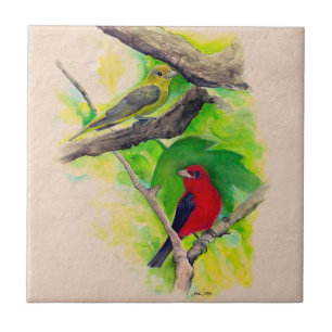 Carreau Scarlet Tanagers Oiseaux Aquarelle Peinture cérami