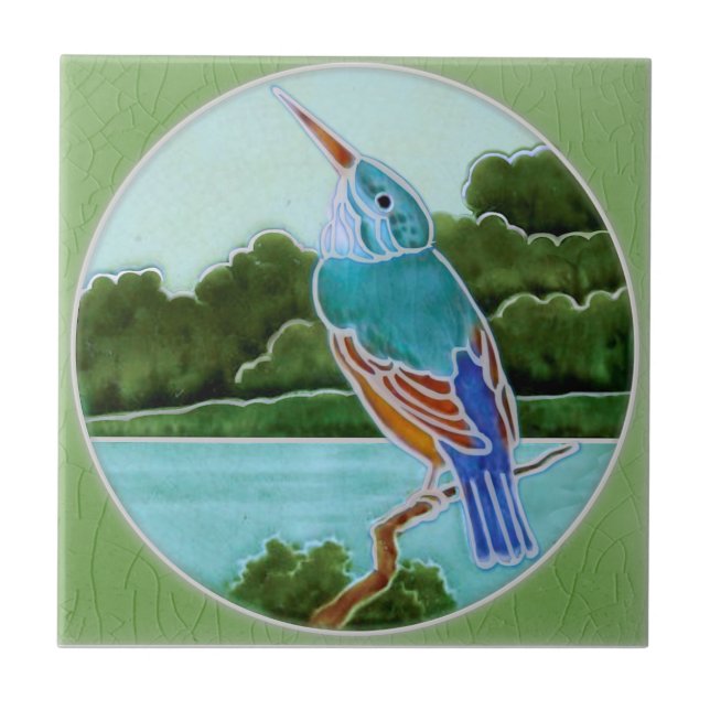 Carreau Scène avec Kingfisher c1900 T+R Boote Antique Repr (Devant)