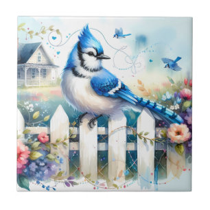 Carreau Scène de clôture de jardin de cottage au geai bleu