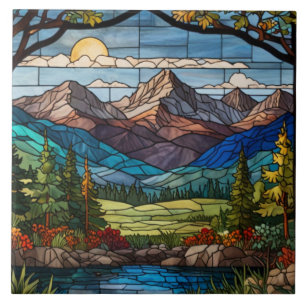 Carreau Scène de montagne boisée en verre teinté vintage
