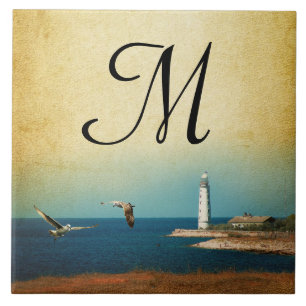 Carreau Scène de plage de Lighthouse Monogramme Display Ti