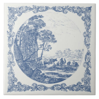 Carreau Scène idyllique de vie rurale Delft Bleu Vintage