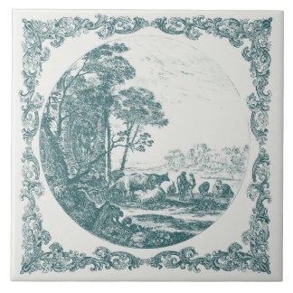 Carreau Scène idyllique de vie rurale Delft sarcelle vinta