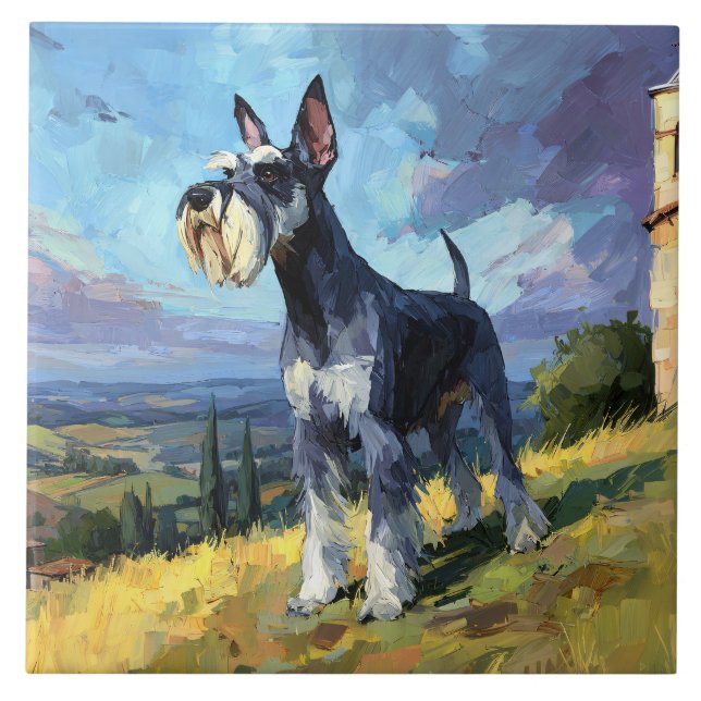 Carreau Schnauzer Sunlit Countryside Landscape Art (Devant)