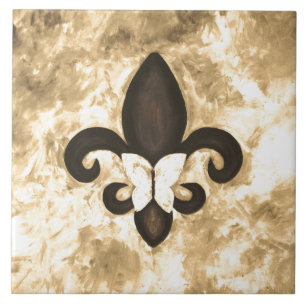 Carreau Sepia Butterfleur   Tan Butterfly sur Fleur de Lis