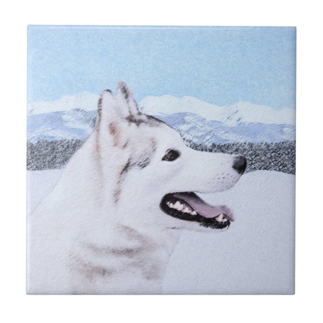 Carreau Sibérie Husky (argent et blanc) Peinture Chien Art (Devant)