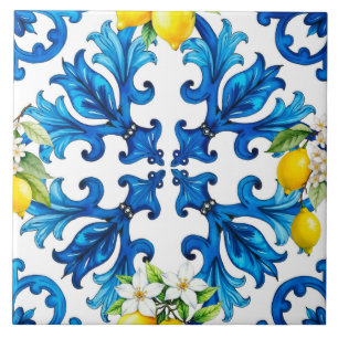 Carreau sicilien, été, citron, mosaïque, bleu
