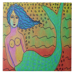 Carreau Sirène avec cheveux bleus Peinture numérique Abstr