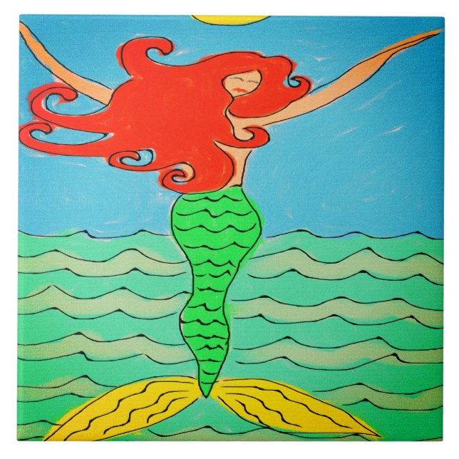 Carreau Sirène avec cheveux rouges Peinture Abstraite (Devant)