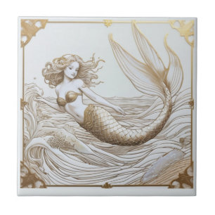 Carreau Sirène or et blanc & Vagues océaniques Face droite