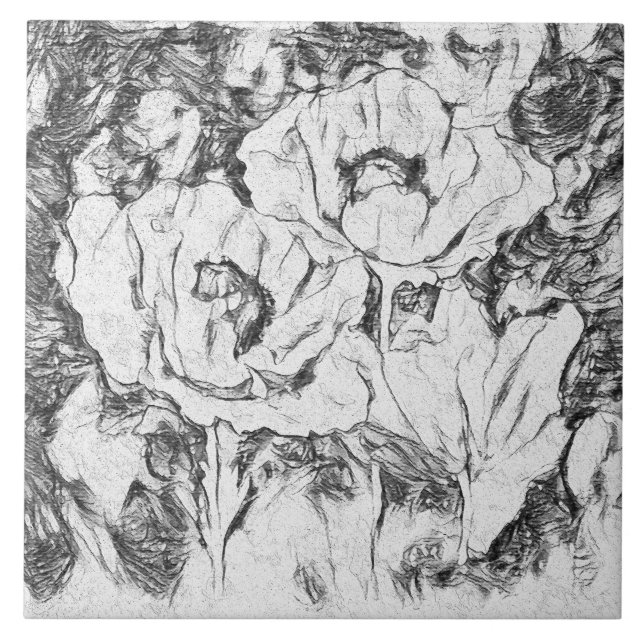 Carreau Sketched Pen Drawn poppies flowers floral whi (Devant)
