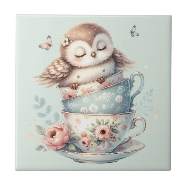 Carreau Sleeping Owl in Stacked Floral Teacups (Devant)