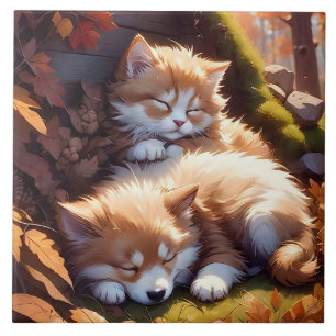 Carreau Sleepy Kitten et Chute de Chiot Feuilles Portrait 