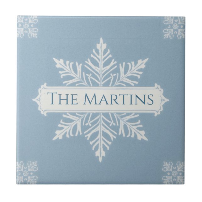 Carreau Snowflake pattern blue & white holiday custom name (Devant)