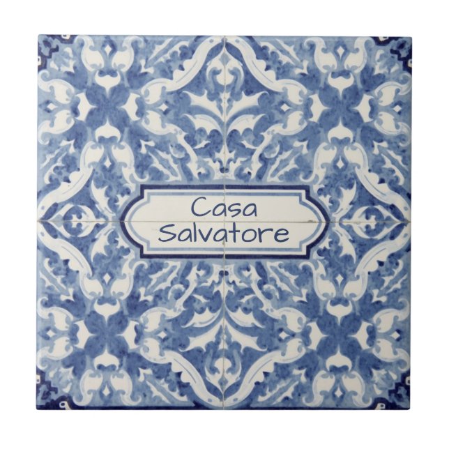 Carreau Snowflake pattern blue & white holiday custom name (Devant)