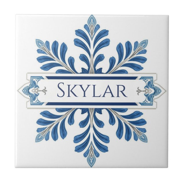 Carreau Snowflake pattern blue & white holiday custom name (Devant)