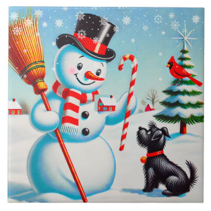 Carreau Snowman Rétro, Chien Maigre, Cardinal Rouge Et Arb