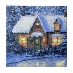 Carreau Snowy Village Scène Noël Cadeau en céramique Ca