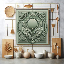 Carreau Soft Sage Green Art Deco Symmetric Botanical Motif