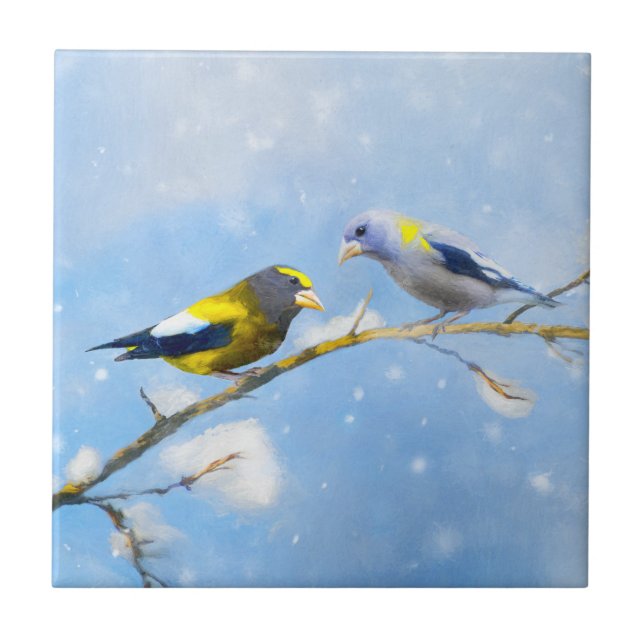 Carreau Soirée Grosbeak Peinture - Cute Original Chien Art (Devant)