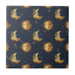 Carreau Soleil céleste et lune motif nuit étoilée dorée