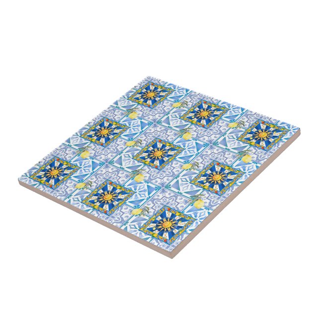 Carreau soleil sicilien, majolica, citron, (Côté)