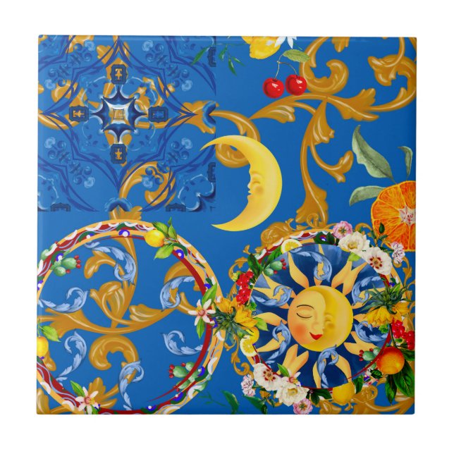 Carreau soleil sicilien, moitié lune, été, majolica, citro (Devant)