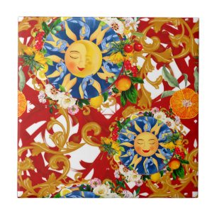 Carreau soleil sicilien, moitié lune, été, majolica, citro