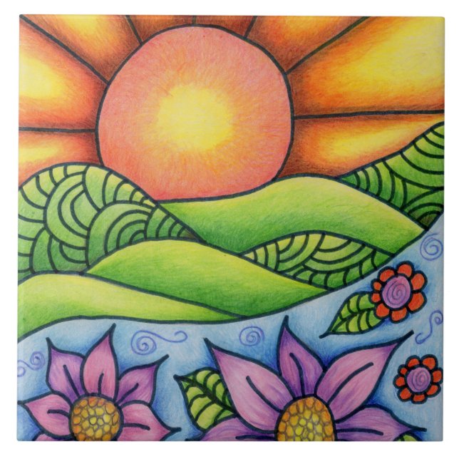 Carreau Soleil sur ruisseau de collines et fleurs (Devant)