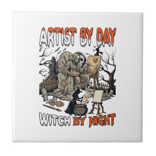 Carreau Sorcière de jour d'artiste Nuit d'Halloween Peintr