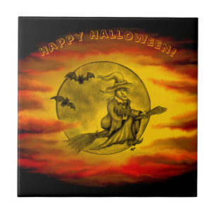 Carreau Sorcière volante avec chat noir, nuit halloween